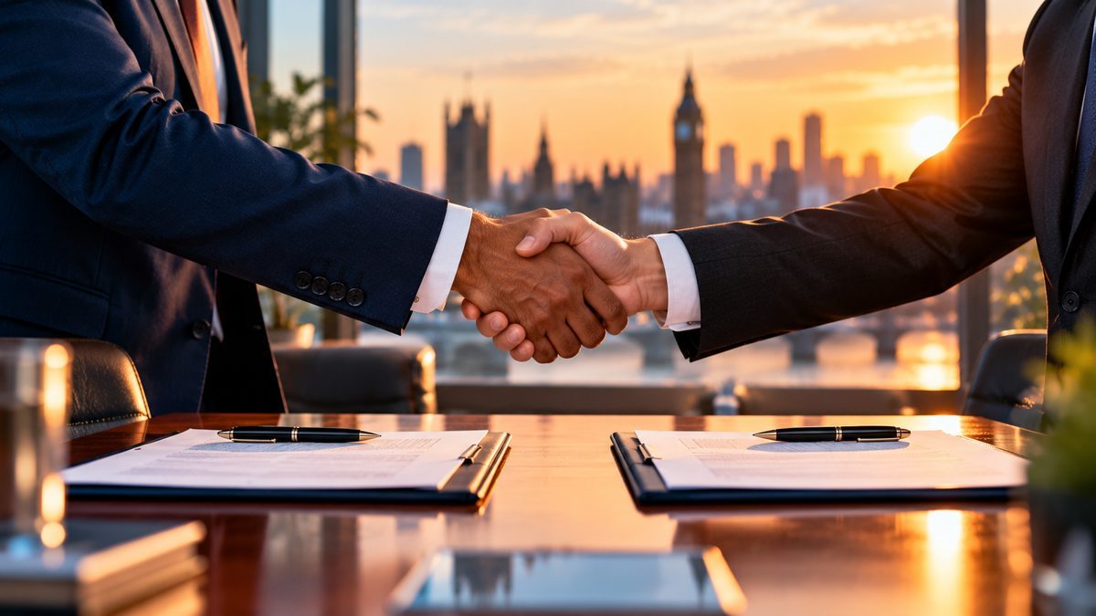 Two business leaders shaking hands over signed documents