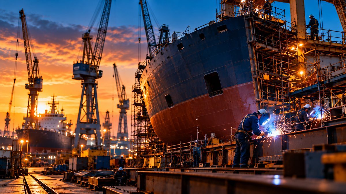 Welders working on a ship hull under construction in a shipyard at dusk